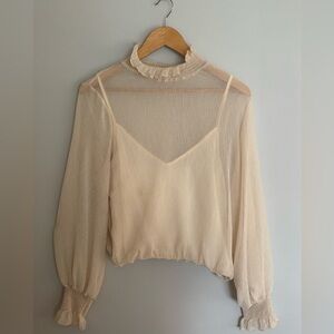 Astr Cream Sheer Blouse with Ruffle Neck